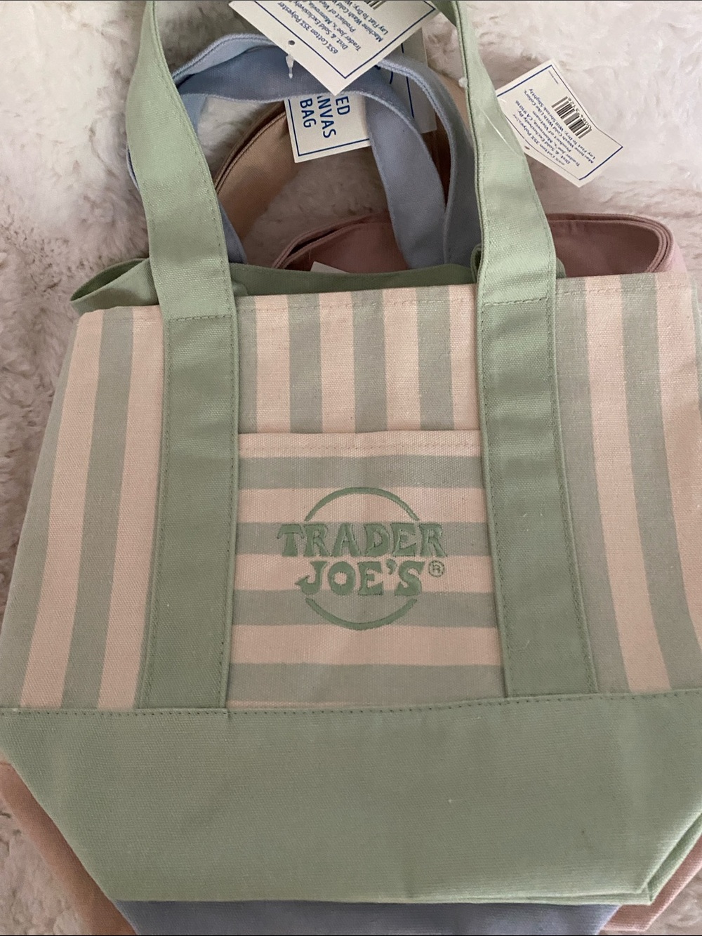 Trader Joe’s NWTPastel Stripe Tote Bag — All 4! Pink, Green, Beige, Blue - Picture 6 of 6